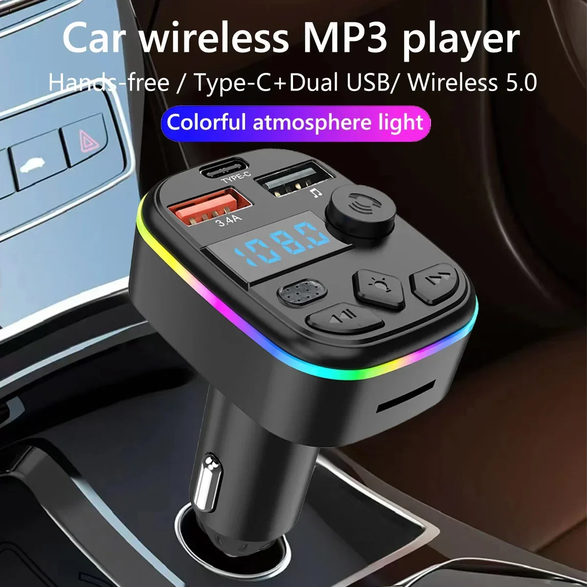 FM Transmitter Bluetooth 3.1A Type-C+Dual USB Fast Charger Ambient Light Cigarette lighter MP3 Player Wireless Handsfree Call