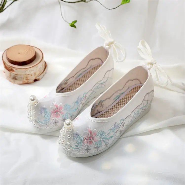 Hanfu Shoe Ancient Chinese Traditional Dance Performance Embroidery Canva Flat Oriental Women Wedding Ankle Internal Height