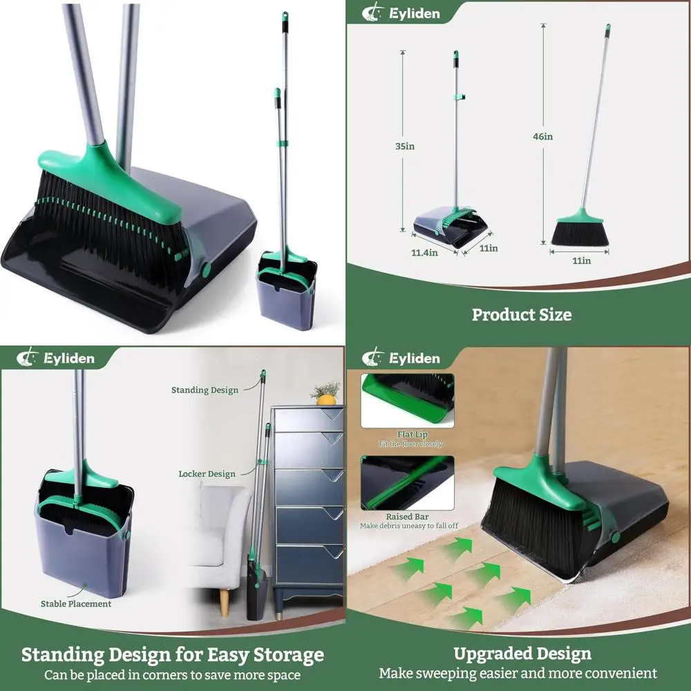 

Upright Dustpan and Broom Set - Self-Cleaning, Dense Bristles, Ideal for Home, Office, and More (Black & Green)