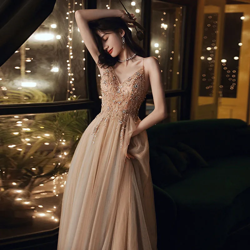 Luxury Halter Champagne Prom Dress For Women 2025 Annual Party Birthday Party Immortal Long Temperament Banquet Evening Dress