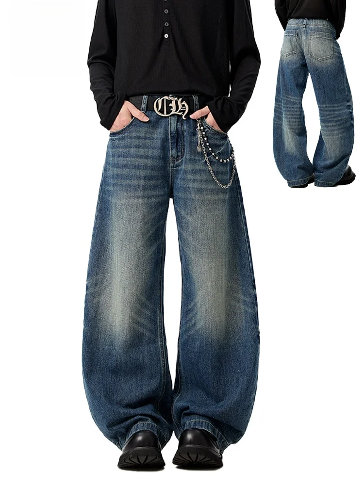 Calça Jeans Guliang American Retro Lavada com Efeito Degradê para Homens e Mulheres, Casual, Elegante, Perna Reta, Cintura Mé...