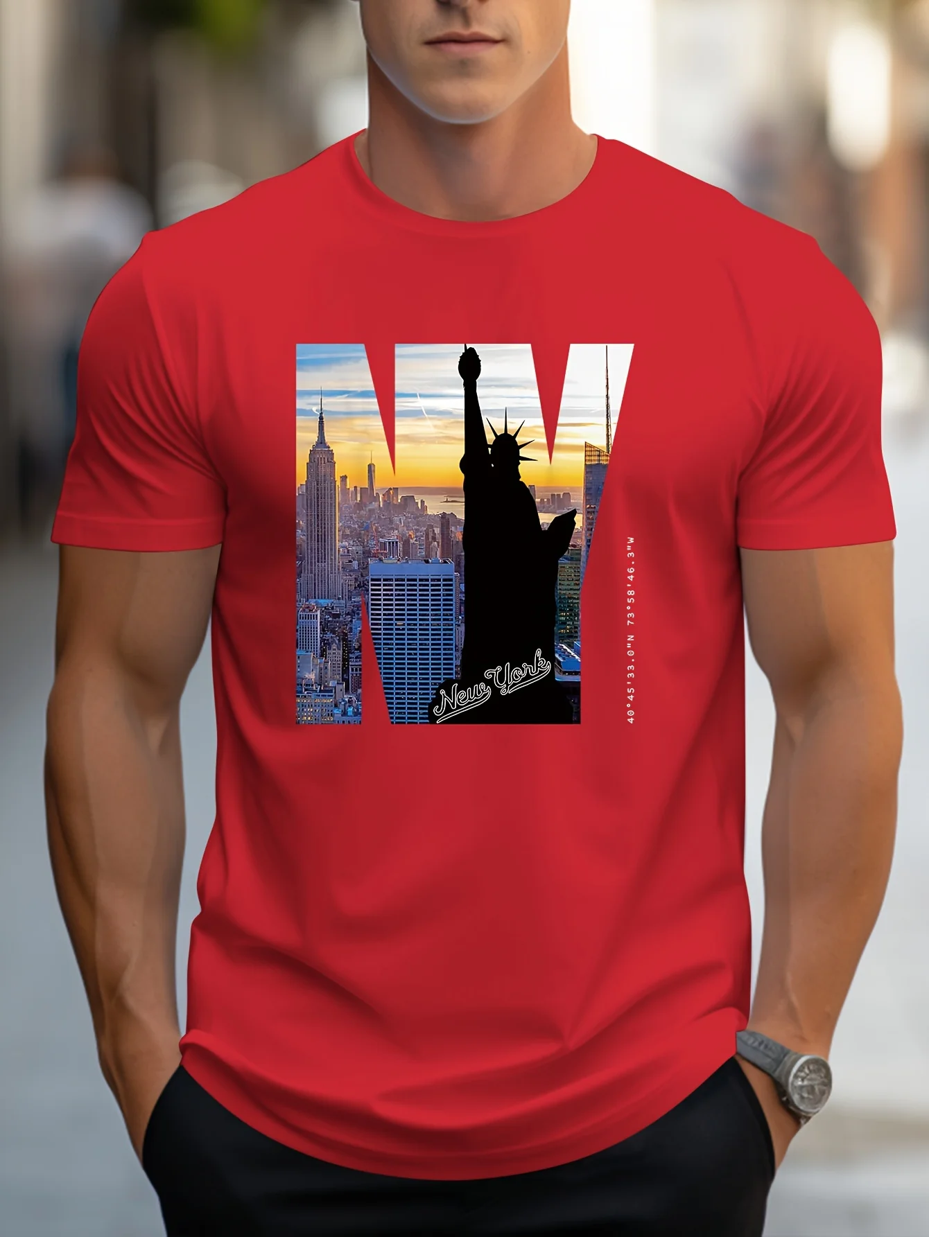 Men's 100% pure cotton summer loose fit large size NY Graphic print casual slim fit round neck short sleeved T-shirt top image 2
