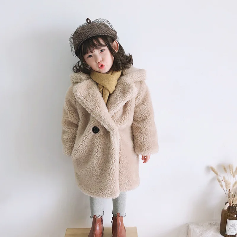 Faux Shearling Bontjassen Kinderen Bontjassen Kraagvorm Lange Mouwen Enkele Knop Loose Fit Casual 2025, Herfst Winter