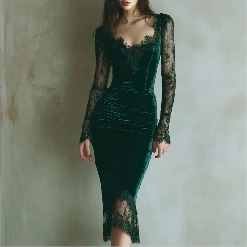 

Elegant Sexy Women Slim Dress Lace See-through Long-sleeved Dress 2026 Spring Summer V-neck Slim Waist Hip Dress Robe Femme