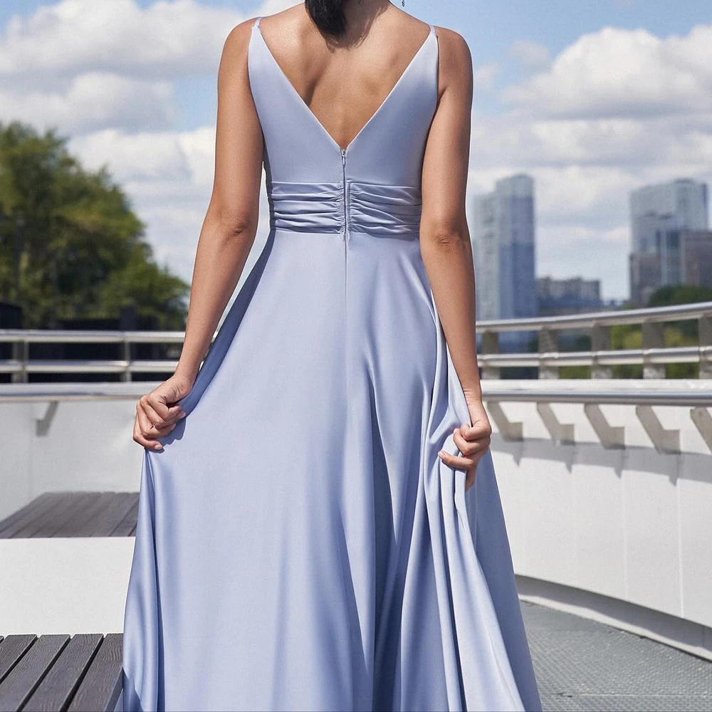 Personalizado a linha vestidos de noite tornozelo-comprimento com decote em v sem mangas vestido de baile moda plissado lado split simples drapeado vestido de festa