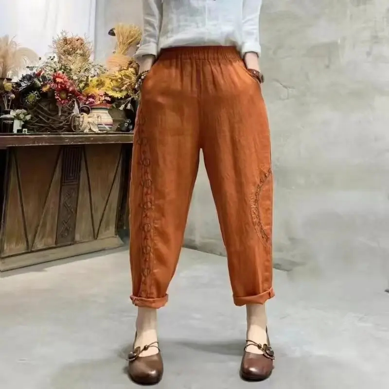 

Artistic Vintage Embroidered Cotton Linen Women's Pants