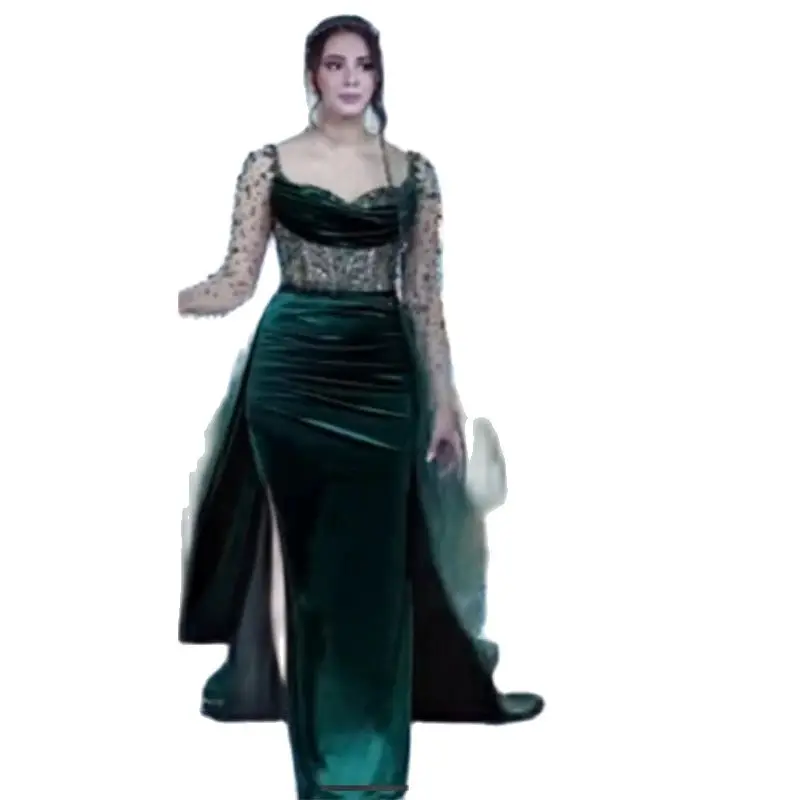 Dark Green Velvet Evening Dresses Rhinestones Beaded Saudi Arabia Women Special Occasion Dress with Detachable Train Vestidos