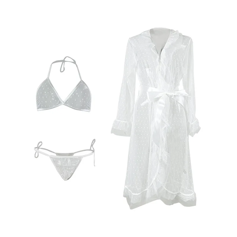 Сексуальная сетчатая ночная рубашка в горошек с длинными рукавами, женская ночная рубашка с рюшами и v-образным вырезом, завязкой на талии, домашний наряд, комплект из трех предметов 717