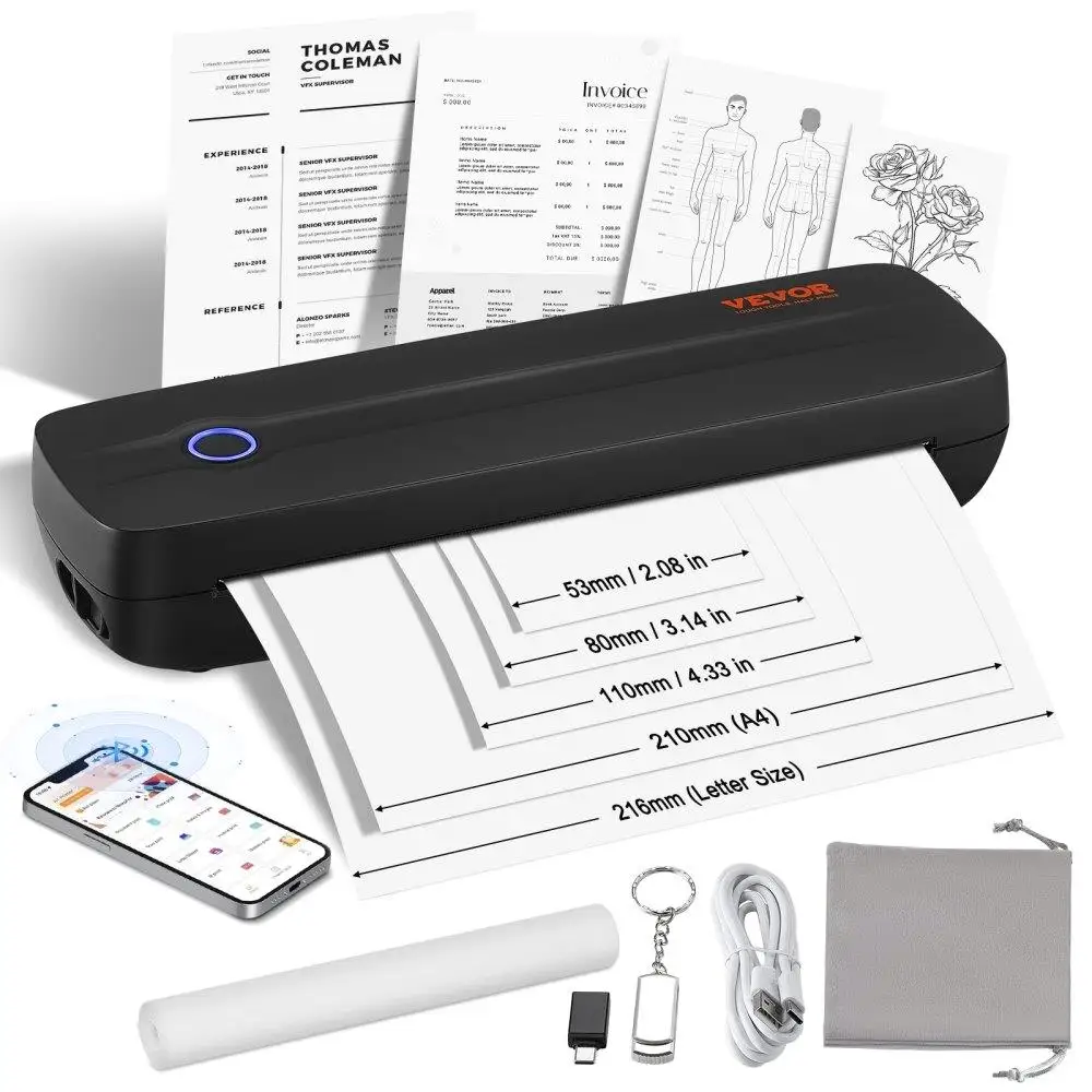 

2600mAh Battery Thermal Paper Printer 203 DPI for a4 A5 8.5x11 iOS Android Laptop Portable for travel Office Home Use