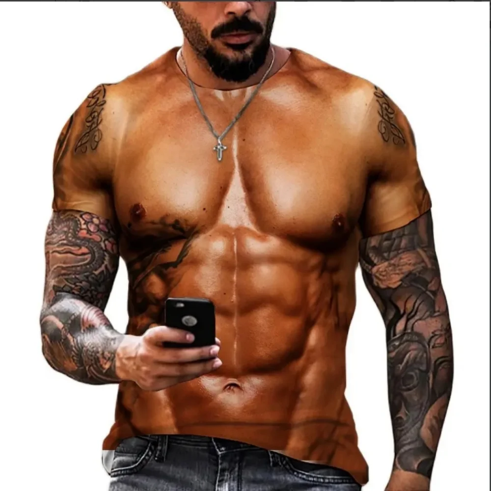 

Interesting summer new muscle fitness bronze muscle tattoo men's t-shirt 3D printing sports t-shirt fashion street men's tops