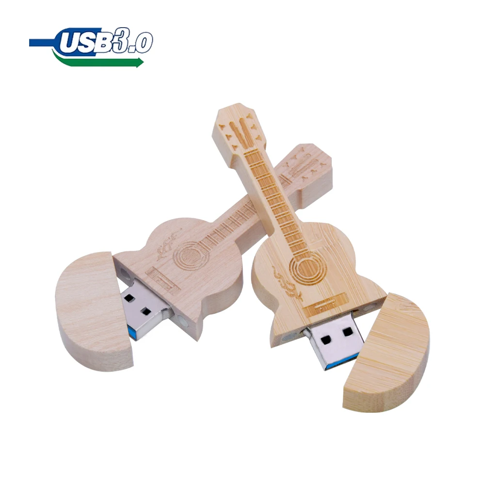 50pcs Free Custom LOGO Wooden Guitar USB3.0 Flash Drive 8G 16G 32G 64GB 128G Comes With Key Gifts Cle Pen Drive Box Memory Stick