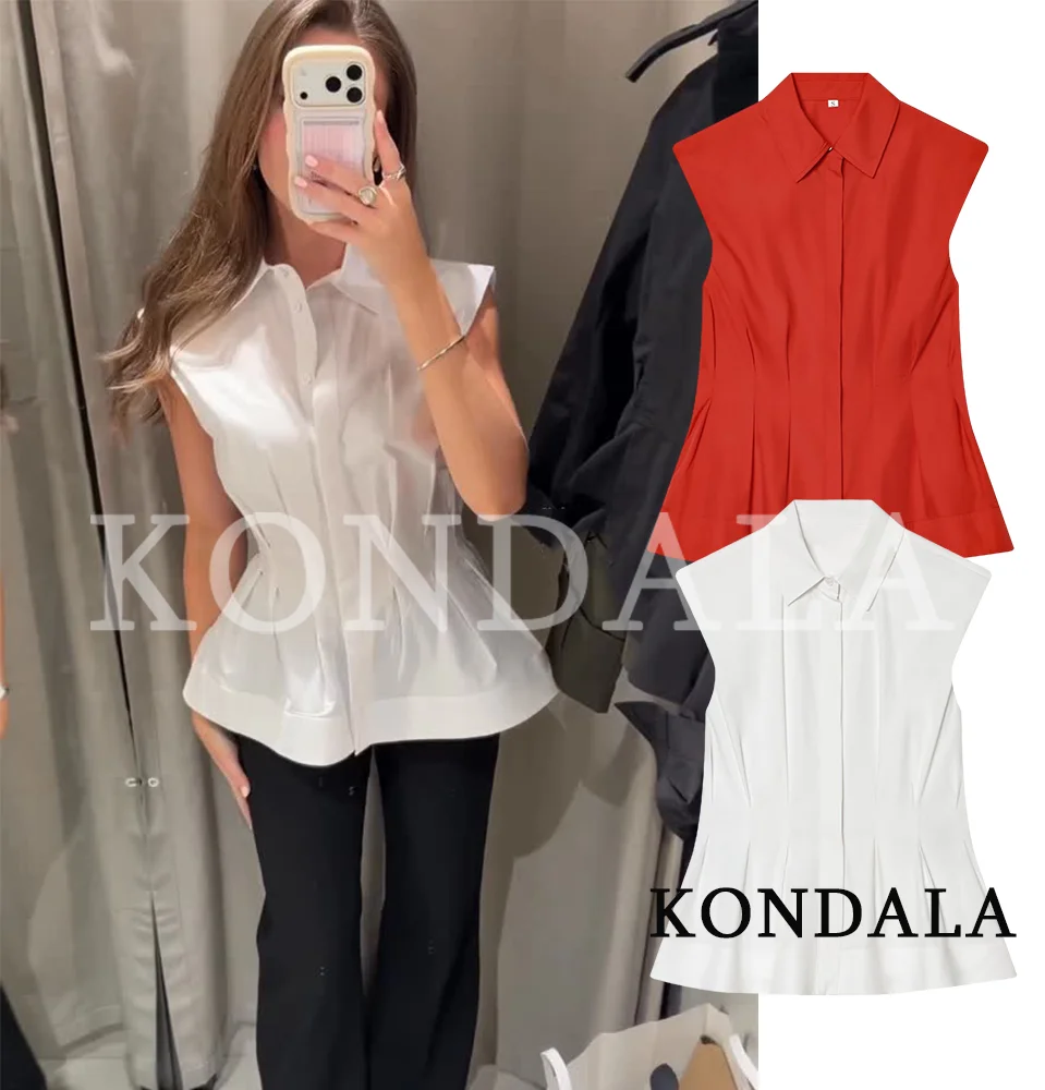 

KONDALA Commute Casual Sleeveless Shirt Women Summer High Street Trendy Vest Shirts 2026 Fashion Elegant Pleated Hem Lady Shirts