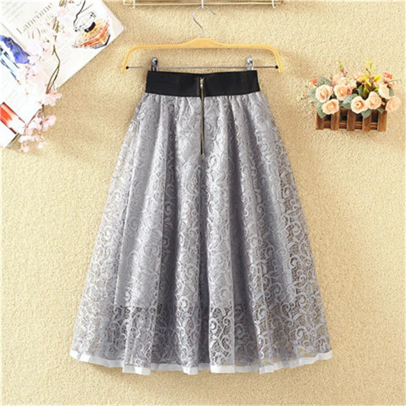 

Нежная ажурная кружевная юбка с вырезами, весна-лето, женская, с эластичной высокой талией, сетчатая, А-силуэт, с широким подолом, пышная, миди, длинная юбка