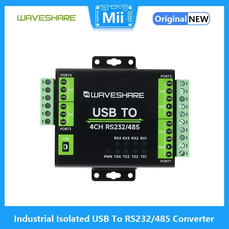 Convertitore da USB a RS232/485 isolato industriale Waveshare 4CH, chip FT4232HL originale supporta USB a RS232 a 2 canali + RS232/485 a 2 canali