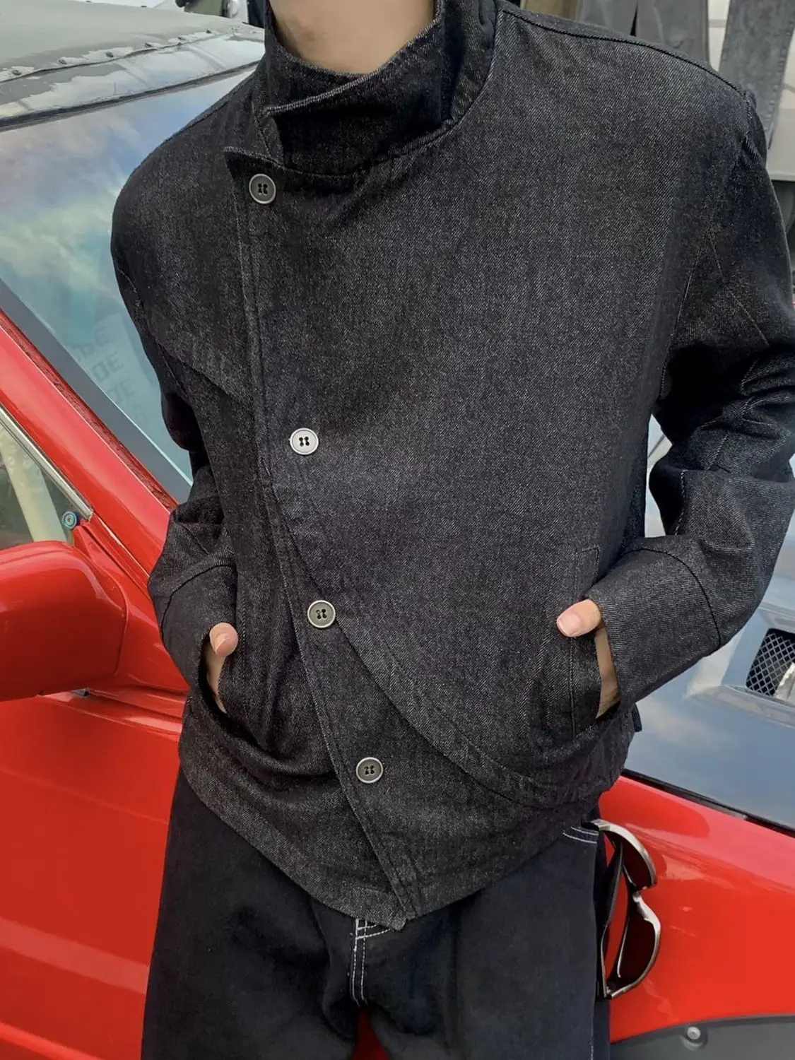 Men's Raw Black Denim Jacket Techwear Placket Stand Collar Cropped Kendo Cowboy Style Padded Shoulder Cleanfit Spring Fall Coat