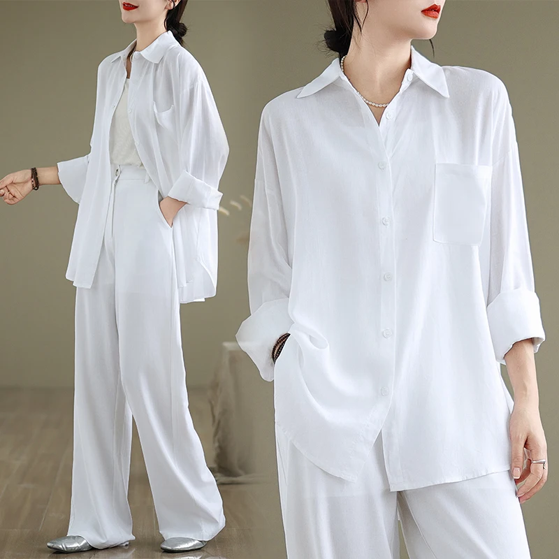 

Элитный легкий комплект из хлопка и льна: свободная повседневная рубашка и брюки, комплект из двух предметов для женщин, весна-осень, новинка