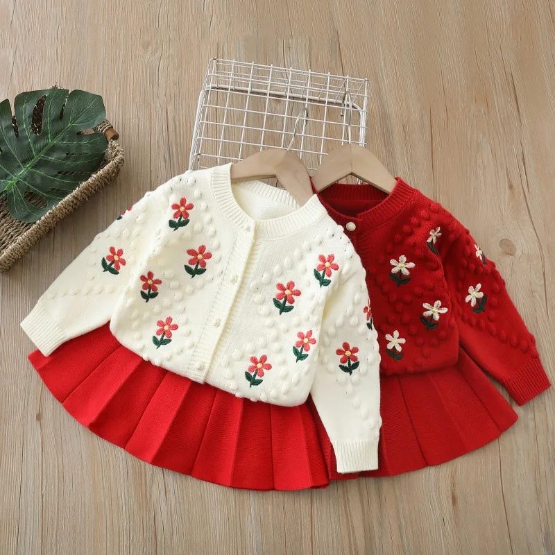 

Autumn Children Girls 2PCS Clothes Set Floral Printed Sweater Cardigan Suits Solid Knit Pleated Skirts Outfits Kid Girl Clothing