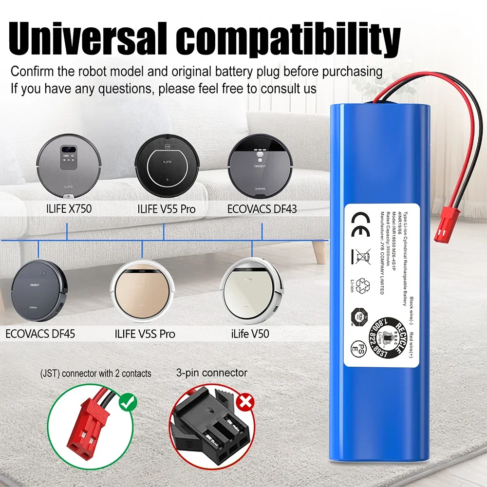 Rechargeable Battery for Ilife V50 V55 V8s V3s Pro V5s Pro V8s X750 Robot Vacuum Cleaner 18650 Lithium Battery 14.4V 12800mAh