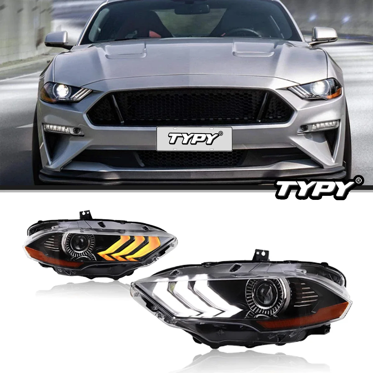 Car Lights LED Headlights For Mustang 2018 2019 2020 Projector Front Lamp Assembly With Dual Beam Len, Driver+Passenger Sides