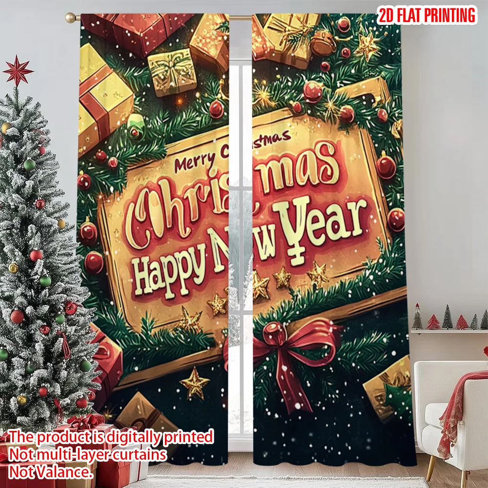 

2pcs 2D flat printing Merry Christmas Scene Curtains Christmas New Year Versatile 100% Polyester Without Electricity Holiday