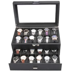 2 Layers 24 Grids PU Watch Storage Display Box Storage Organizer Built In Black Flannel Material Storage Tary Exquisite Style