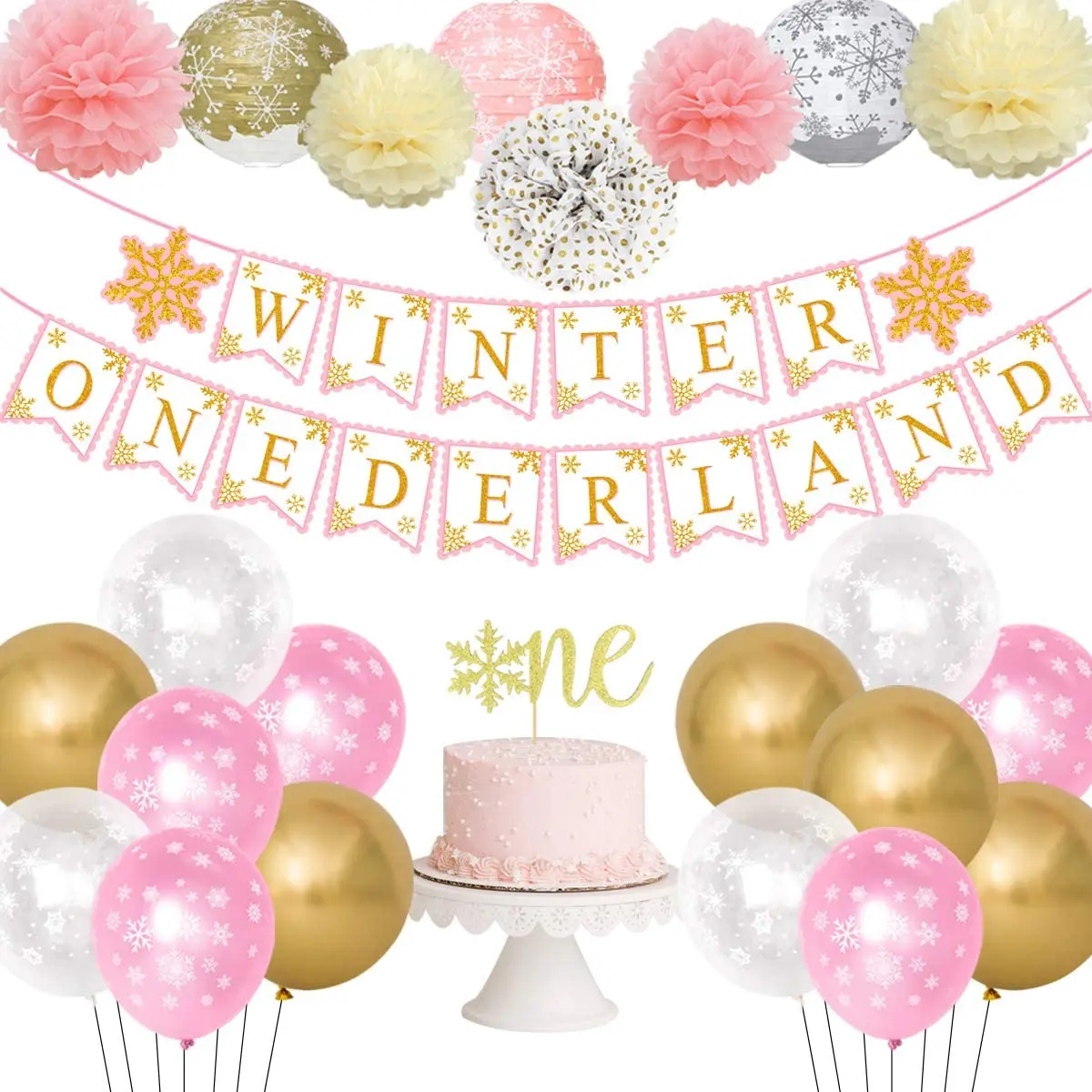 

JOYMEMO Winter Onederland Girl 1st Birthday Party Decorations Pink Gold Snowflake Balloons Paper Flowers Set One Cake Topper