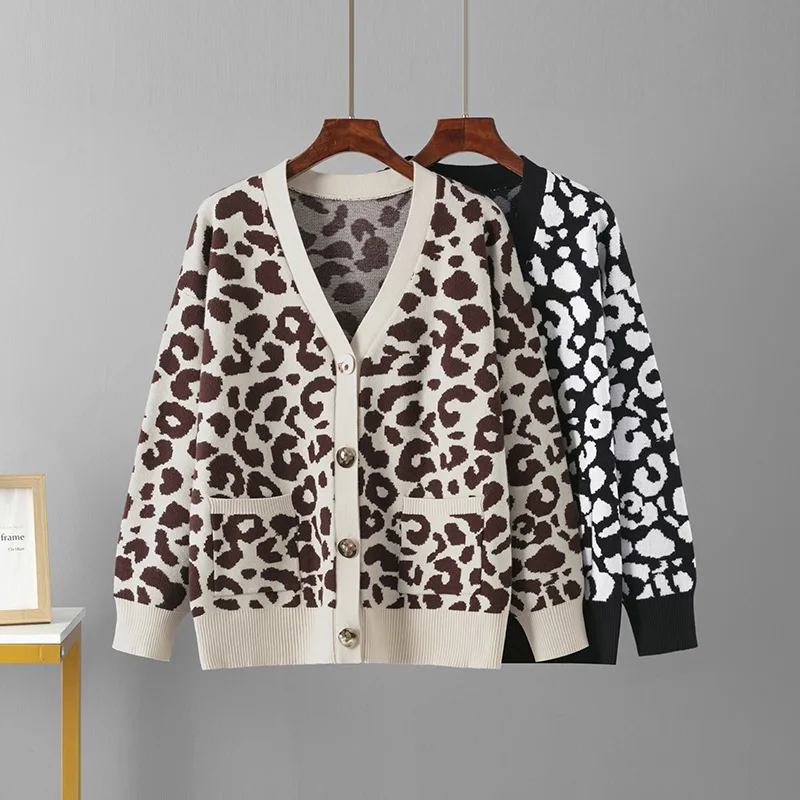 

New Fashion Casual V-Neck Cardigan Women Sweater Coats Autumn Winter Sweater Leopard Knit Coat Female Tops Cardigans
