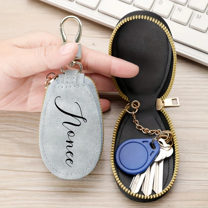 パーソナライズされた名前テキストキーホルダー ジッパー付き PU 車のキー収納オーガナイザー 男性 女性 誕生日 クリスマス バレンタインデー ギフト用