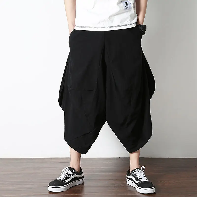

2025 Casual Linen Pants For Men Chinese Style Loose Fit Bloomers Summer Trendy Vintage Low Waist Wide Leg Pants