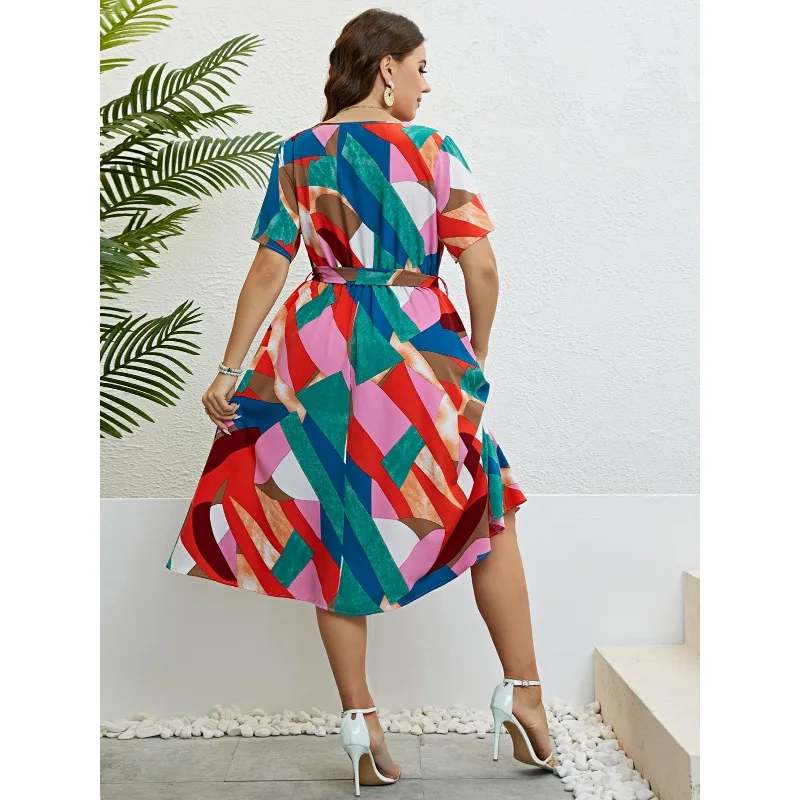 XL-4XL 2023 Summer Casual Dresses Plus Size Women Clothing Short Sleeve Bandage Colorful Sexy Elegant Midi Dress Dropshipping