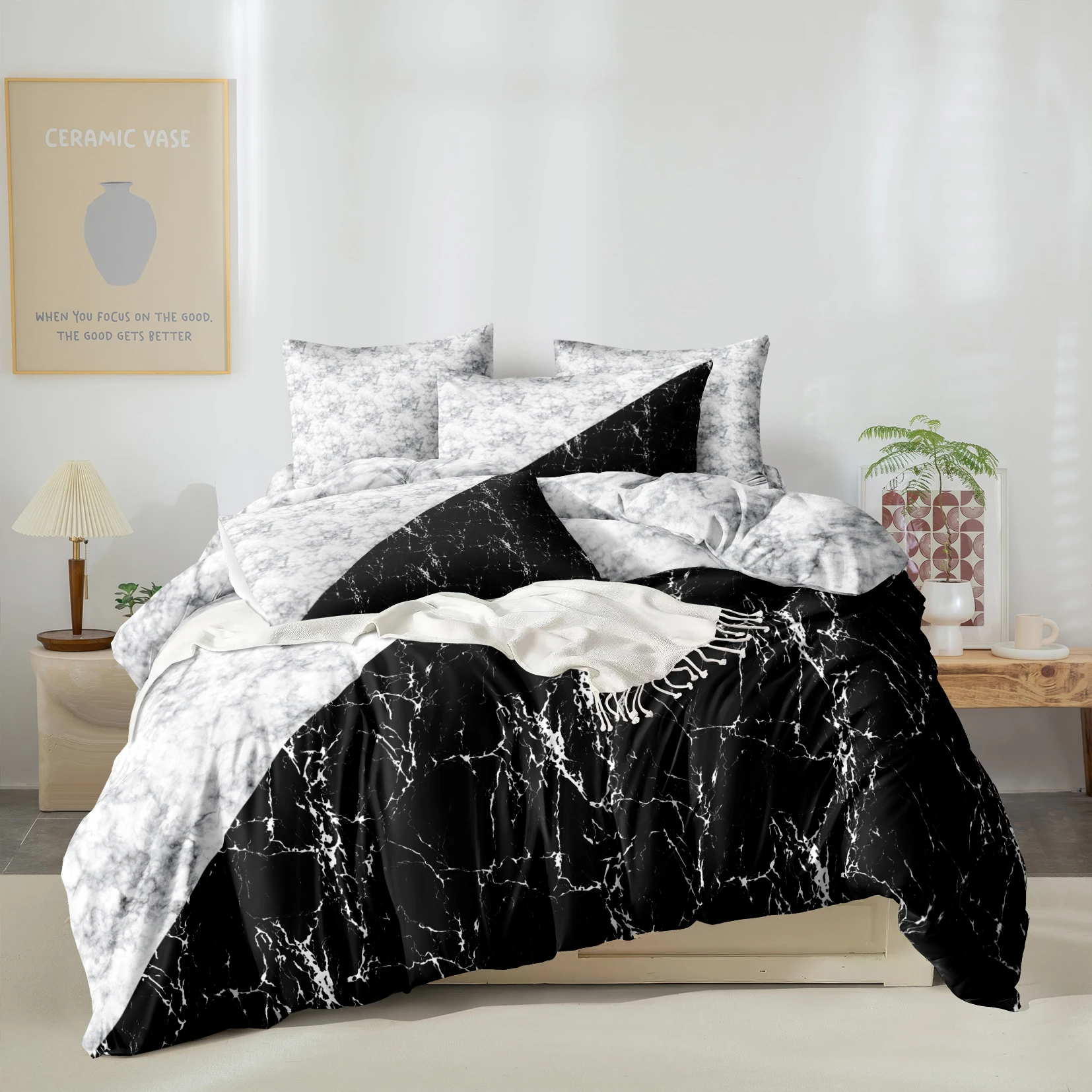 Black White Marble Comforter Cover Set Light Gray Reversible Bedding Set Modern Diamond Geometry Pattern Duvet Cover Set 3pcs