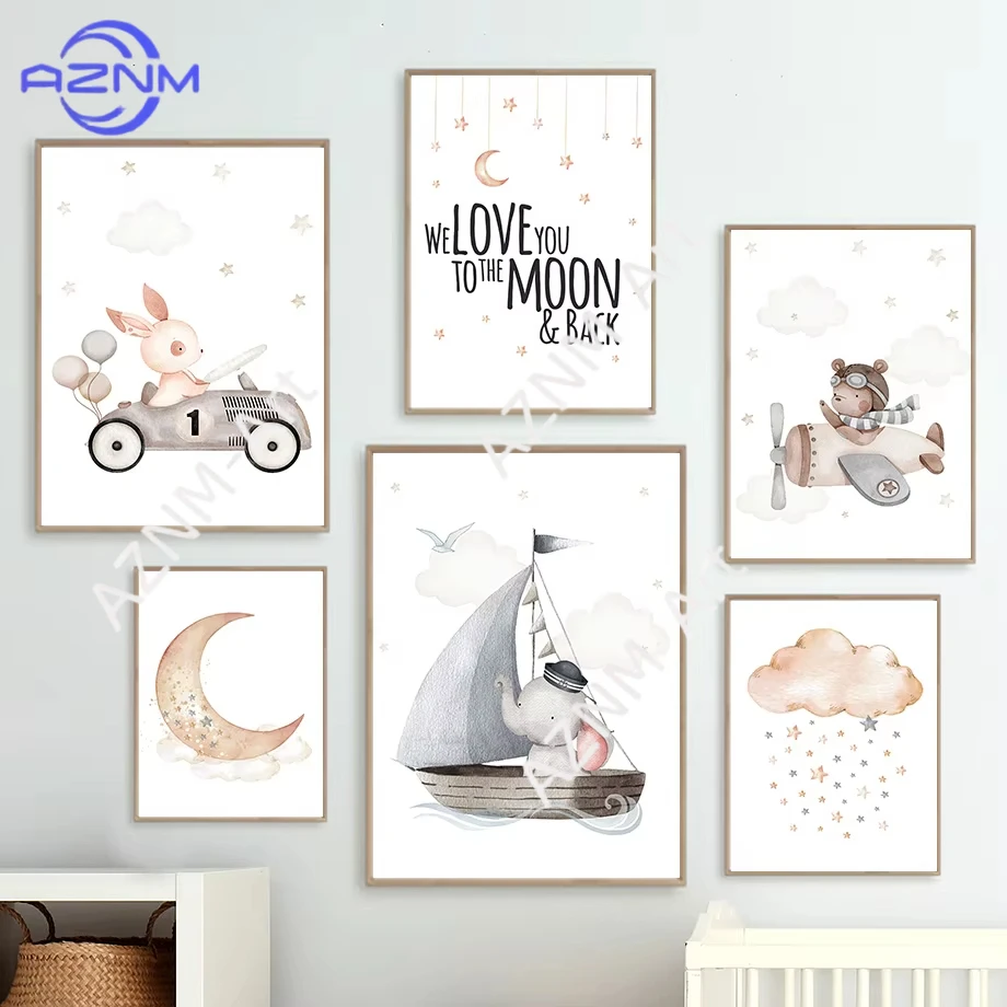 1/6 piezas de póster de dibujos animados de conejo, oso de carreras, avión, elefante, luna y nube para habitación infantil, pintura minimalista en lienzo, arte de pared para decoración del hogar
