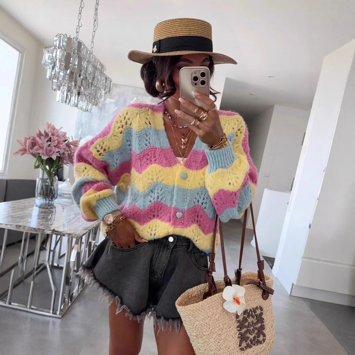 2026 موضة جديدة مطبوعة زر سترة مشغولة من الصوف المرأة الخريف عادية فضفاض الخامس الرقبة طويلة الأكمام سترة سترة للنساء