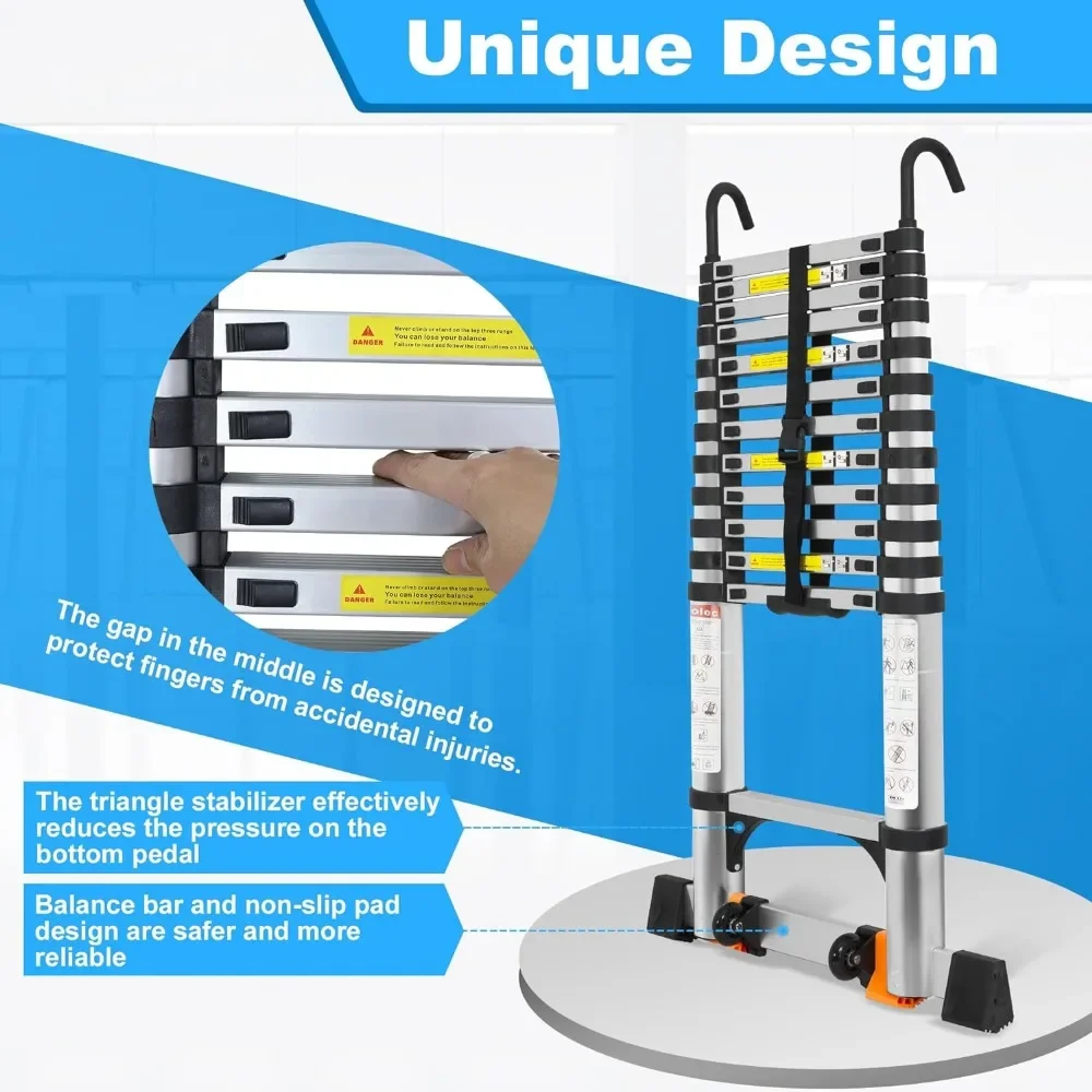 Telescopic Ladder, Upgraded Anti Pinch Strap with 2 Triangular Stabilizers, Multi-purpose Folding Ladder, with Portable Wheels