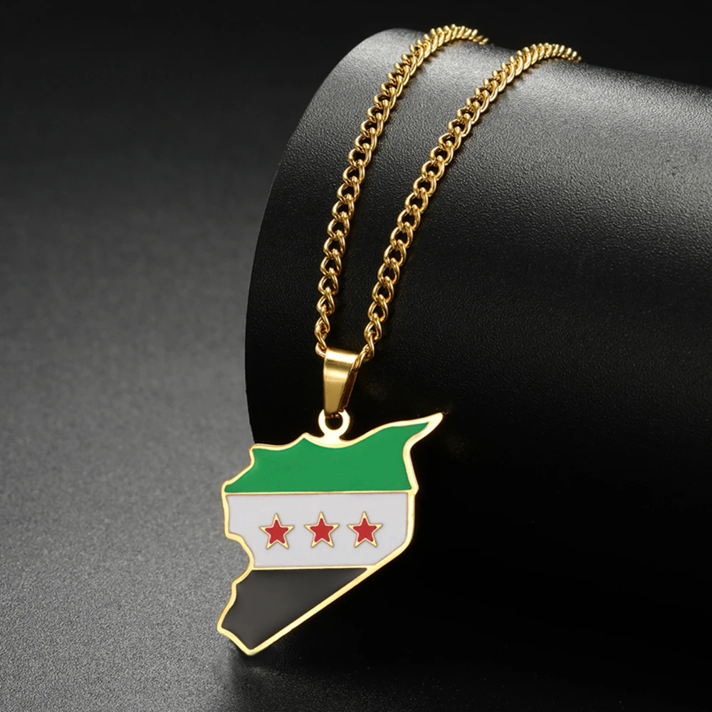 My Shape Syria Map Flag Pendant Necklaces for Women Men Stainless Steel Outline Syria Geography Country Map Chain Jewelry Gifts