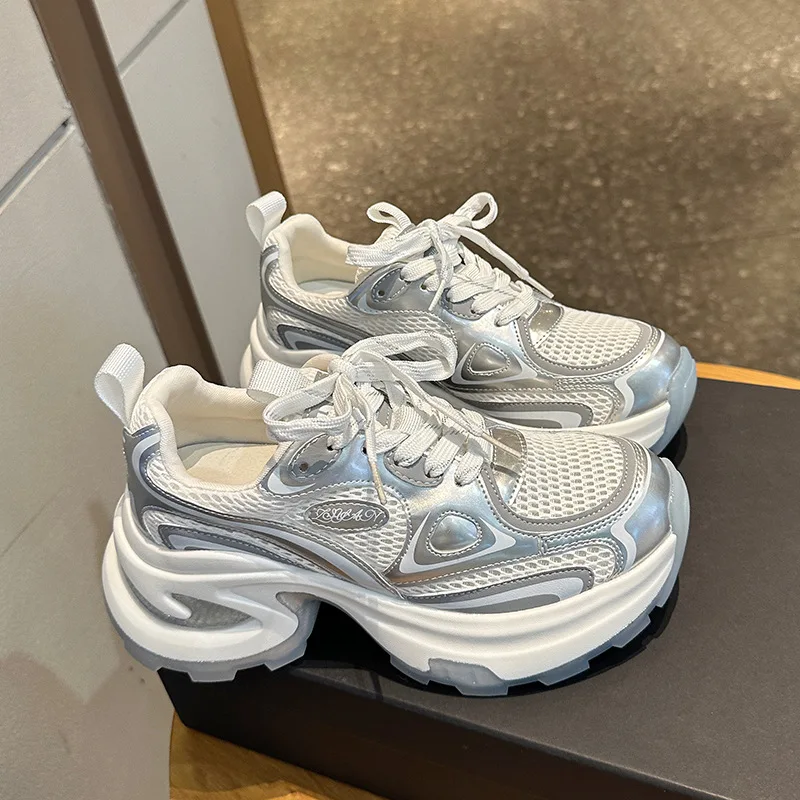 Summer Style Mesh Breathable Thick Sole Increased Leather Casual Sports Shoes Casual Shoes For Women Casual Platform Sneakers