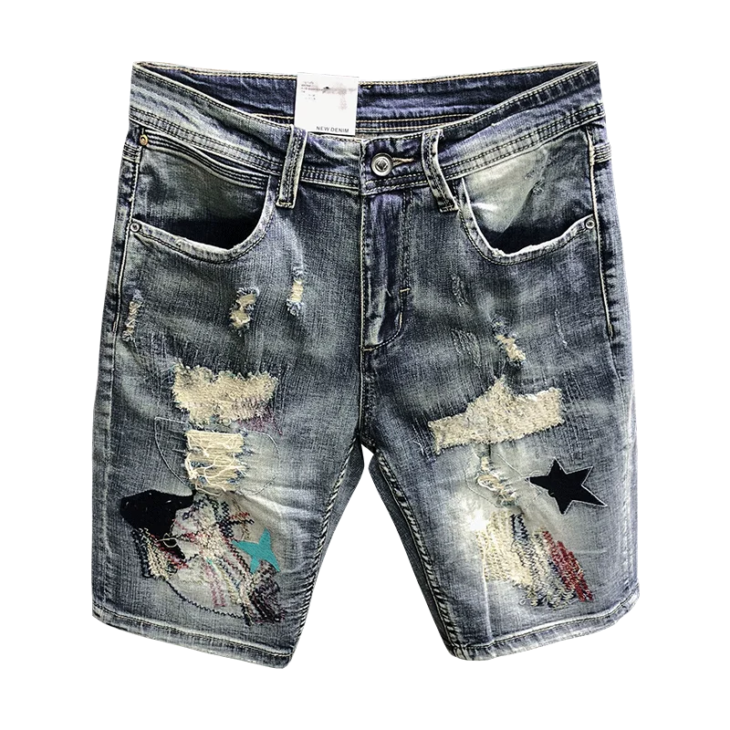 Bermuda jeans shorts masculino verão nova moda bordado remendo rasgado holeknee alta juventude streetwear retro calças de brim curtas masculino