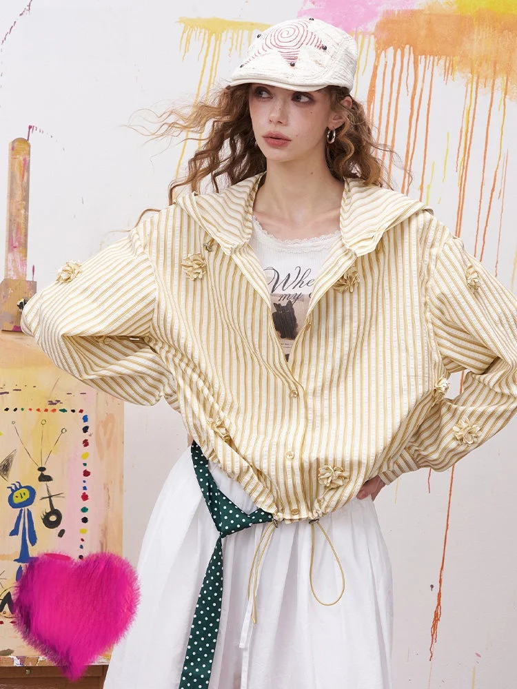 

Женская модная летняя рубашка в полоску с 3D-декором, желтая, с длинным рукавом, с капюшоном, из смесового полиэстера и хлопка, в повседневном стиле