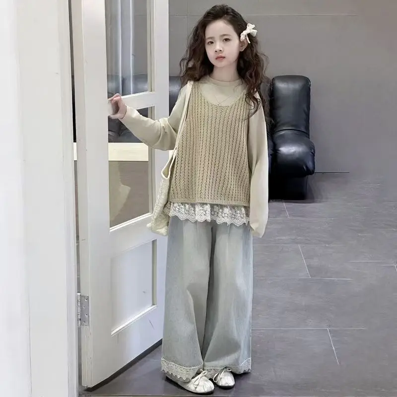 

Вязаный жилет, топ и брюки, комплект из 3 предметов, корейская зимняя одежда с широкими штанинами для девочек 8–10 лет, комплекты одежды для девочек