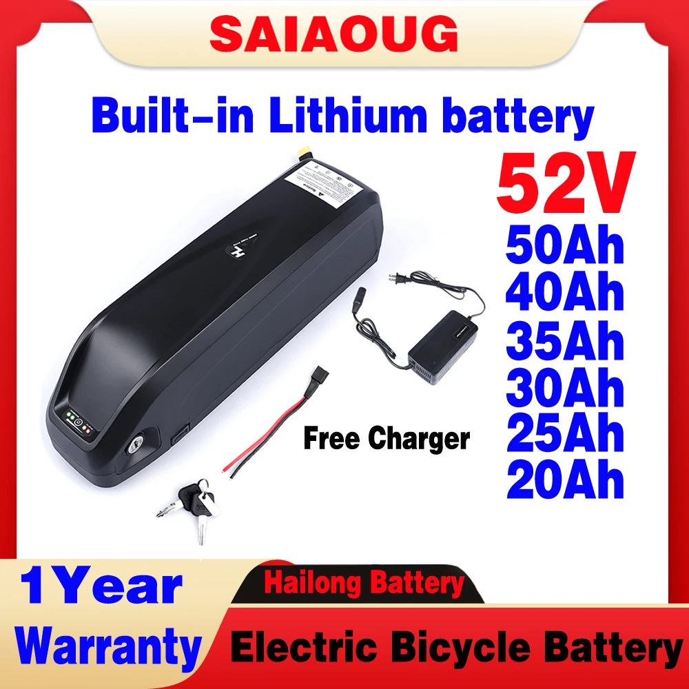 18650 Lithium Pack 52V 20/25/30/35/40/50ah Electric Bike Vehicle Hailong Shell 30A BMS 350W 500W 750W 1000W Bicycle Battery