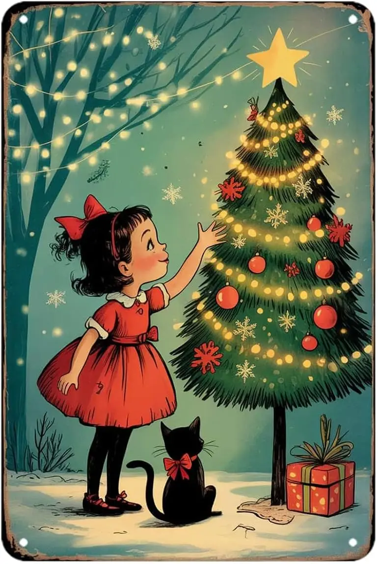 Christmas Tree Little Girl Cat Tin Sign Holiday Winter Wonderland Vintage Metal Signs Wall Decor for Kitchen Bar Cafe Bedroom Ho