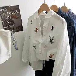 Female Spring Summer Korean Fashion Button Solid Color Polo Collar Women Shirts Elegant Embroidered Long Sleeve Cotton Top Tee