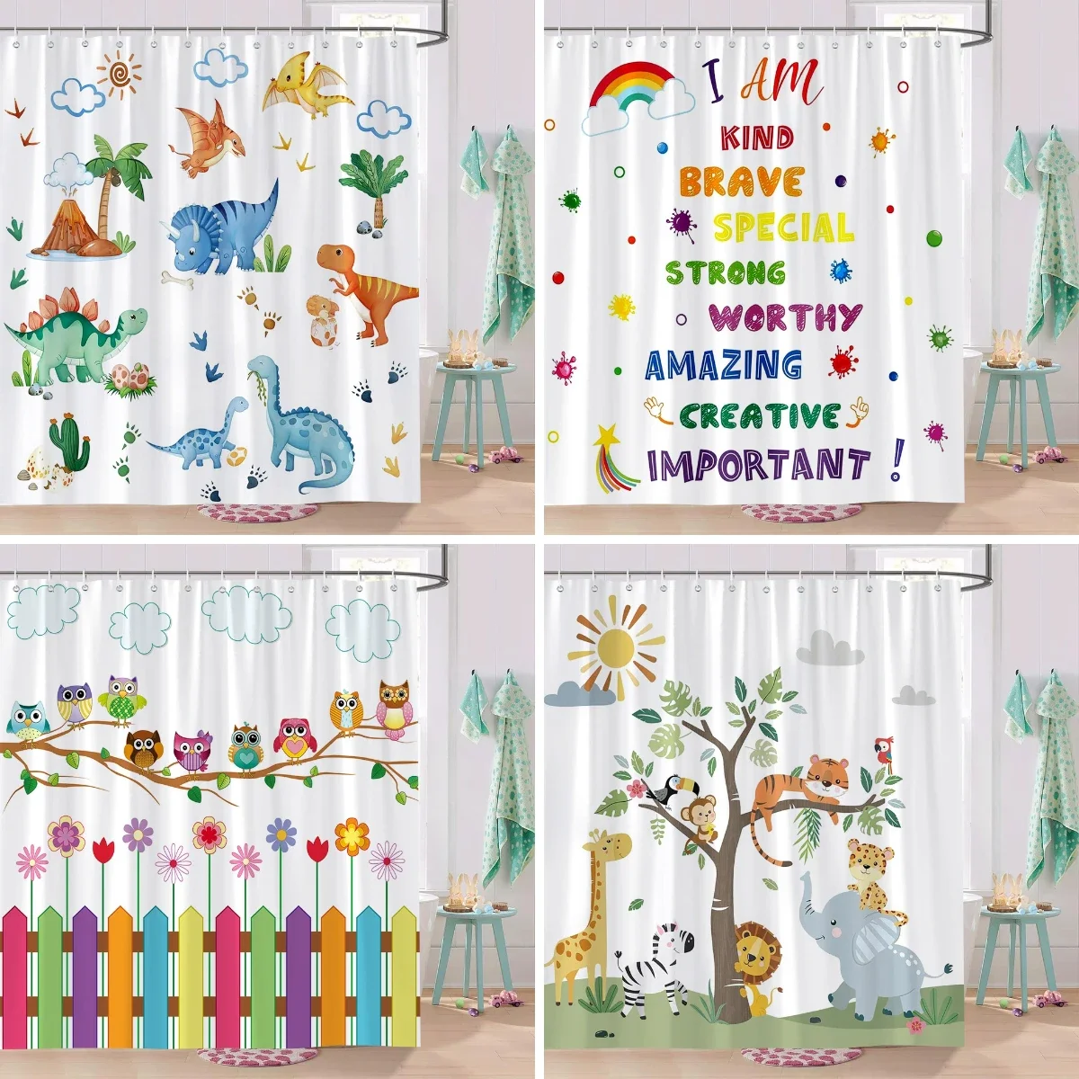 Cute Cartoon Pattern Printed Shower Curtain Colourful Animals Inspirational Language Kids Polyester Bath Curtains Bathroom Decor