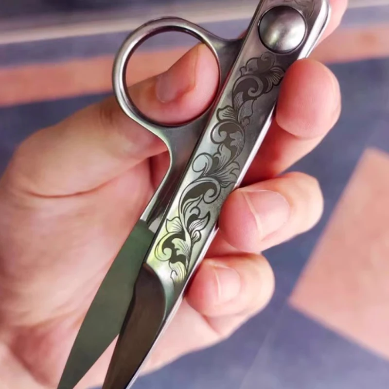 Handmade Retro Outdoor EDC Stainless Steel Paper Scissors with Carved Patterns