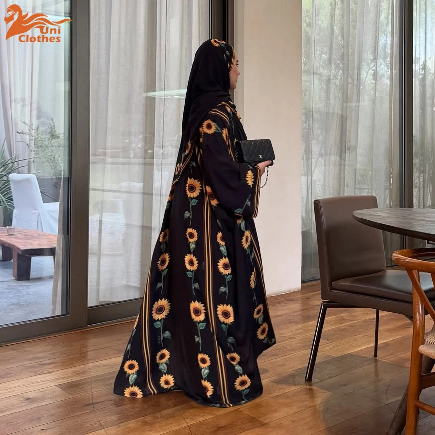ชุดเดรสคลุมแบบอาบายะห์สไตล์ดูไบแบบเรียบง่าย พร้อมผ้าคลุมศีรษะ ลายพิมพ์ตะวันออกกลาง สำหรับชาวมุสลิม