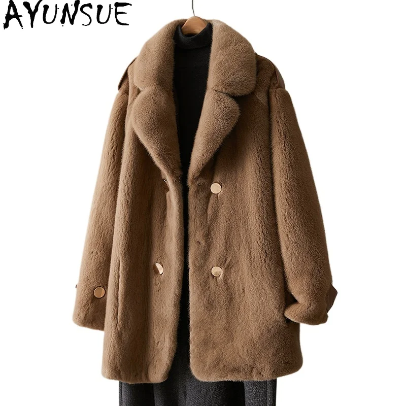 

AYUSNUE Natural Mink Fur Coat Women Winter Clothes Whole Mink Coats Woman Mid-length New in Outerwears Suit Collar Шуба Женская
