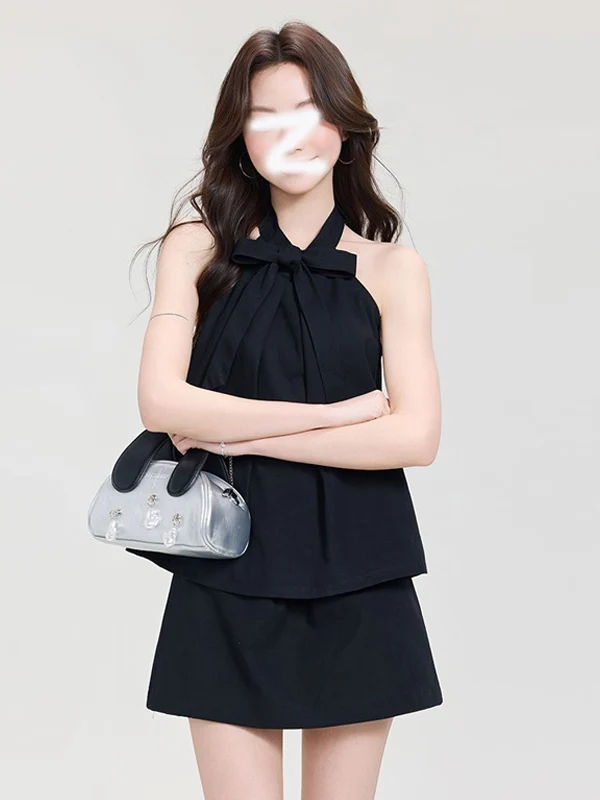 

Stunning Black Two-Piece Set Summer Fashionable Halter Top And Skirt Ensemble Beautifully Designed Combo for Young Women