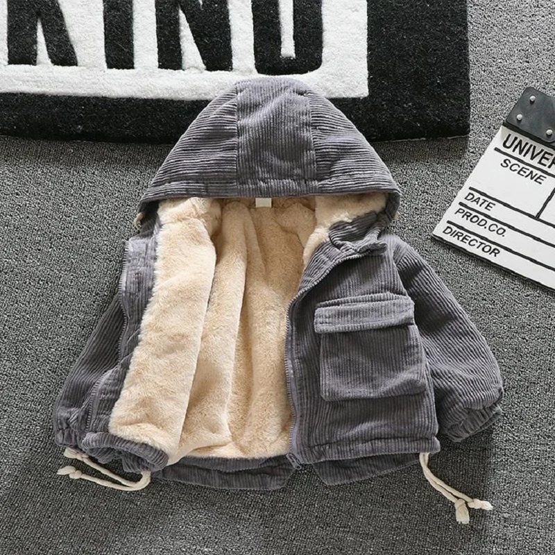 Fleece Winter Warmth Girls Boys Padded Corduroy Jackets Hooded Drawstring Baby Therme Coats Kids Parka Child Outfits 1-9 Years