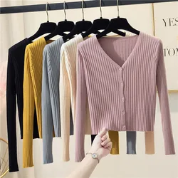 Cardigã de malha com decote v feminino, suéter manga longa, blusa curta de cintura alta, slim sólido, peito único, camisa de assentamento, primavera, outono