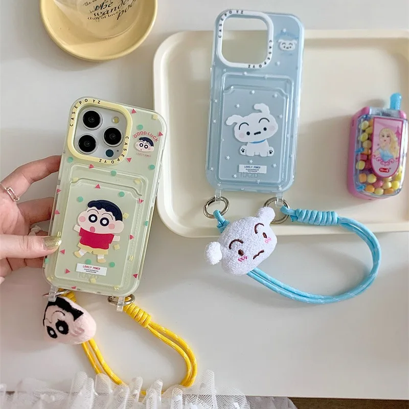 Crayon Shin-Chan Iphone16 15Promax 14Pro Cartoon Mobile Phone Shell Card Insertion Capability Portable Hang Rope Gift for Girl